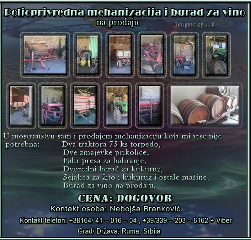 Poljoprivredna mehanizacija i burad za vino na prodaju